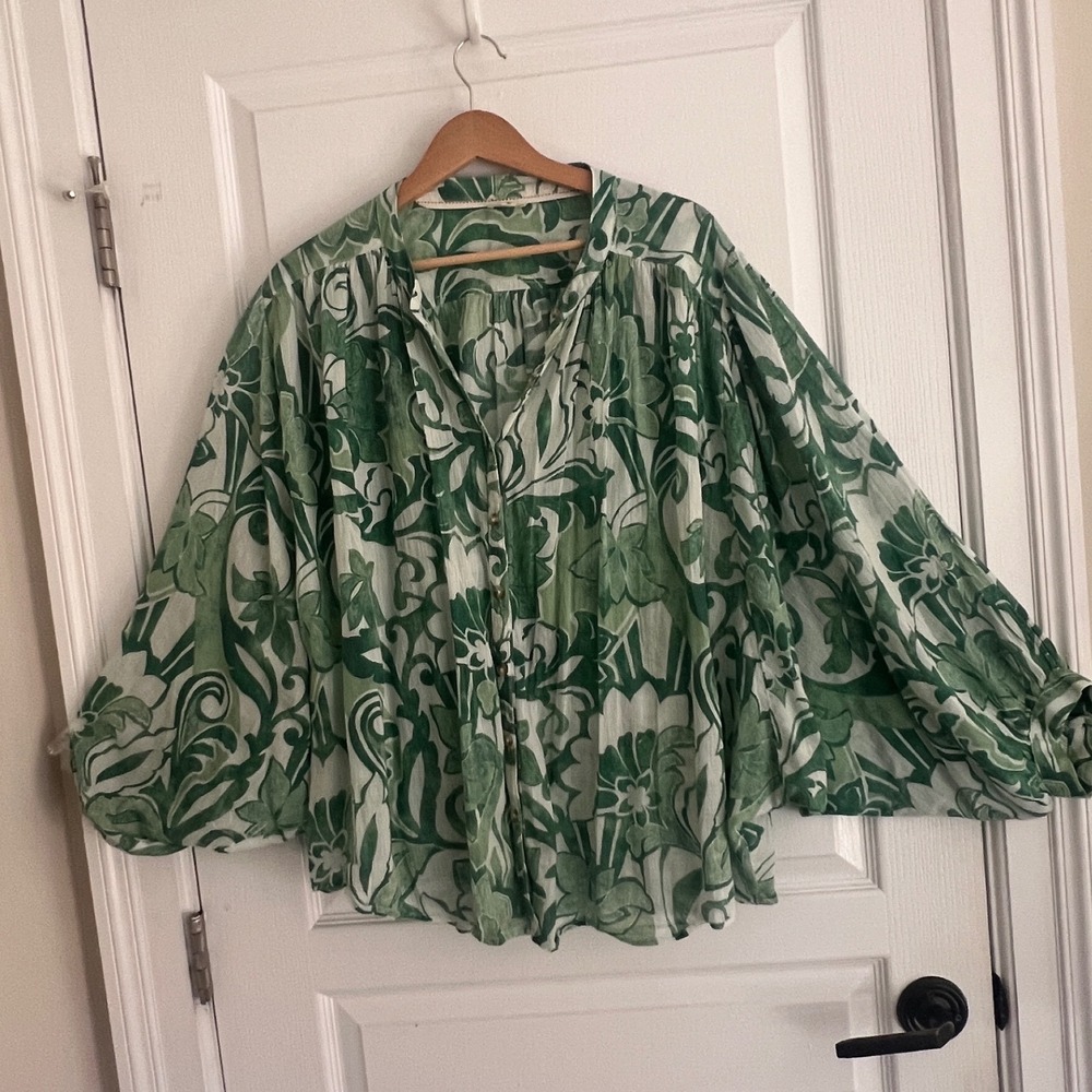 Pilcro Blouse Green White Floral Dolman Sleeve Button Up Boho Flowy Romantic - Picture 15 of 15